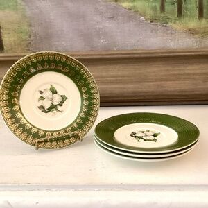 4 saucers American Limoges L'Triomphe Trillium Forest Green Dinnerware 22K Gold